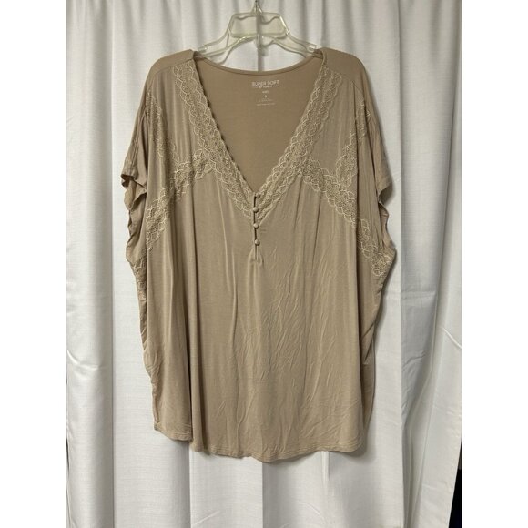 Torrid Super Soft Knit Beige Babydoll Blouse Top Lace Detail 3 Short Sleeve - Picture 2 of 6